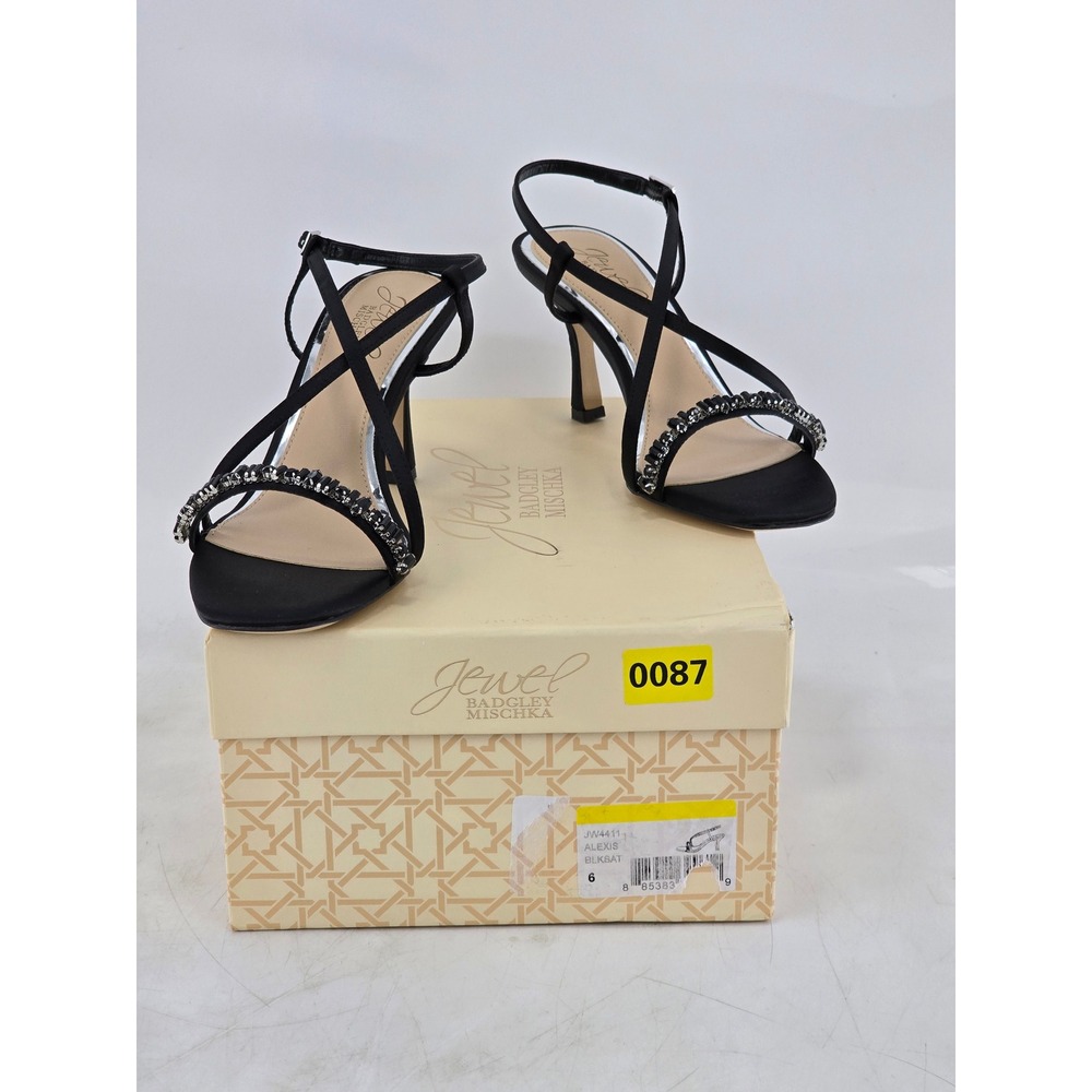 Jewel Badgley Mischka Alexis Sandals Womens 6 Black Satin Embellished NEW